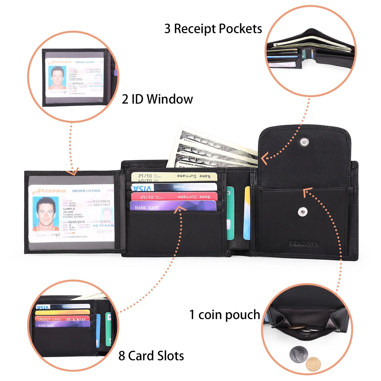 Trifold Wallets for Men-Rfid-Blocking Genuine Leather Wallet with 8 Card Slots