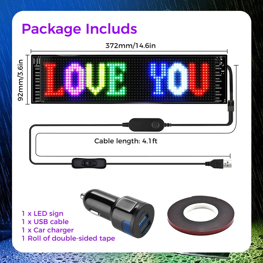 RGB LED Color Sign, Smart App Control Flexible Scrolling Display Panel Custom Texts, Patterns, Animations, with 14.1Ft Power Cable for Car