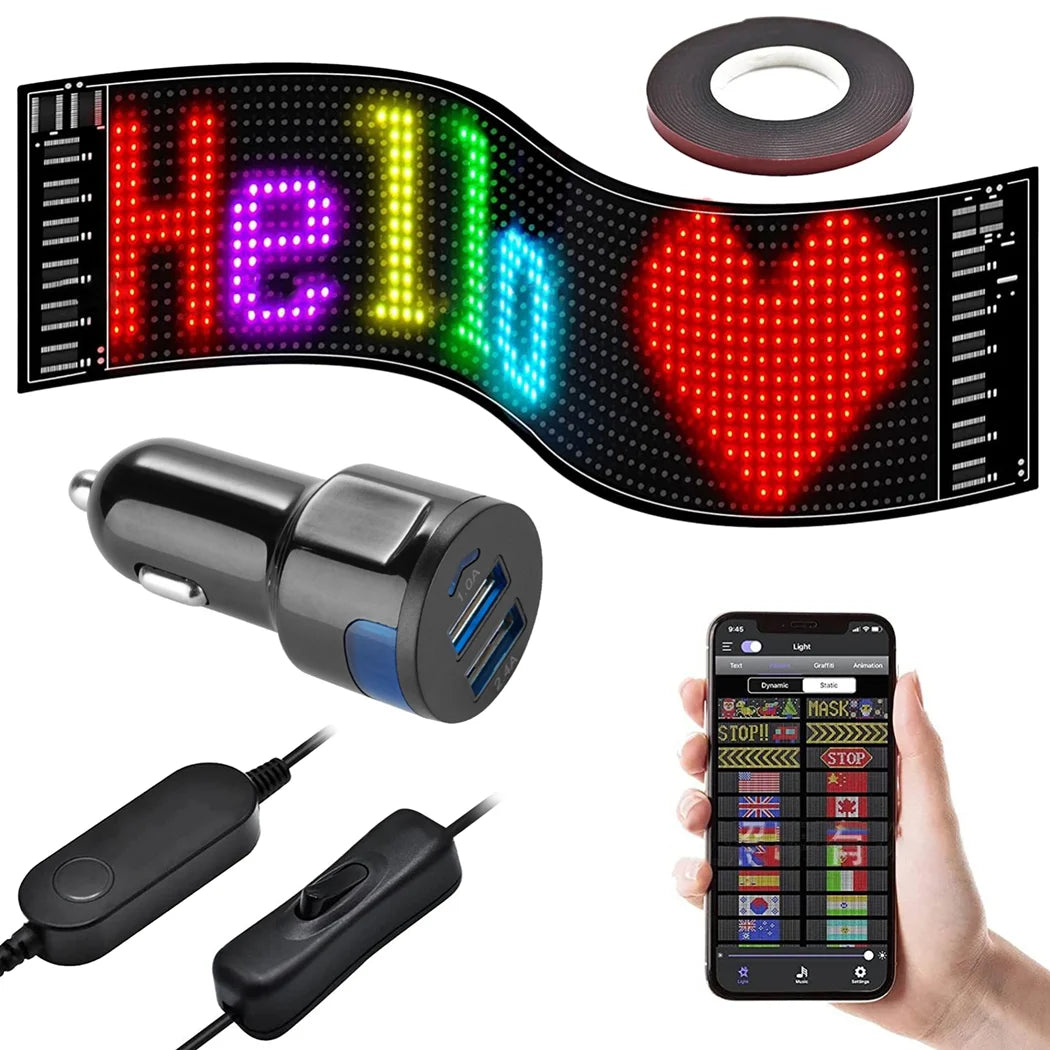 RGB LED Color Sign, Smart App Control Flexible Scrolling Display Panel Custom Texts, Patterns, Animations, with 14.1Ft Power Cable for Car